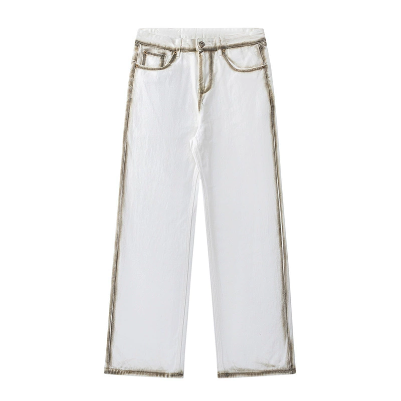 厂家直销男士宽松水洗喷绘牛仔裤，时尚直筒设计，春秋休闲风格，多口袋实用