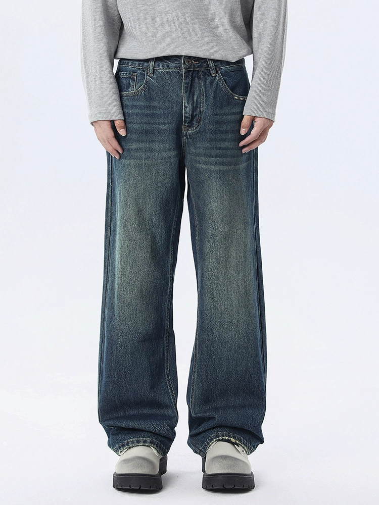 厂家直销男士宽松直筒牛仔裤，复古做旧风格，春秋休闲款，多口袋设计