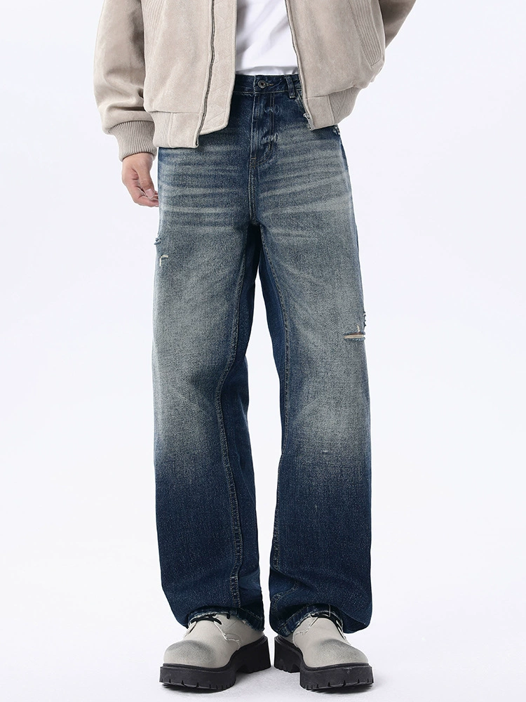 厂家直销男士宽松水洗直筒牛仔裤，复古渐变设计，春秋休闲高街款式