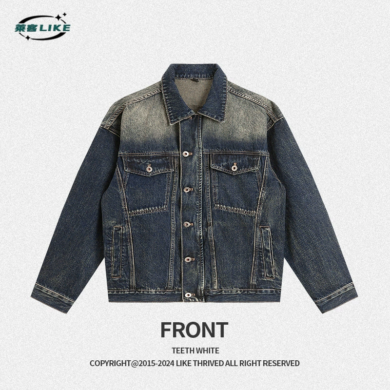 厂家直销青年复古水洗宽松牛仔外套夹克，春秋休闲，多口袋耐磨设计
