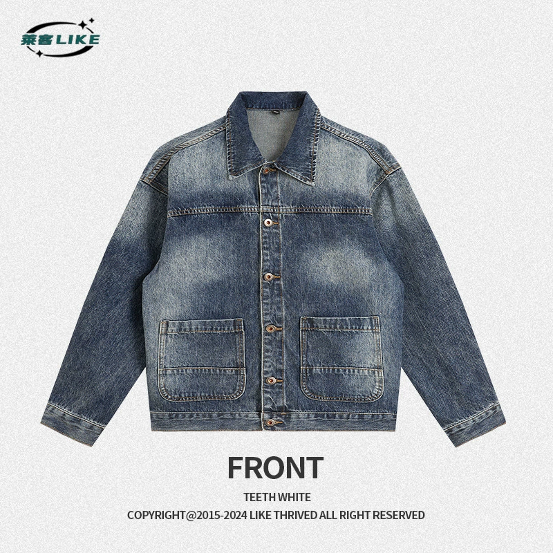 厂家直销青年宽松水洗做旧牛仔外套，春秋休闲风格，多口袋设计