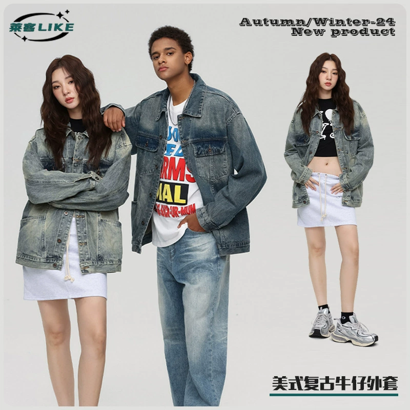 厂家直销男士宽松水洗复古牛仔外套，春秋日常，多口袋耐磨夹克