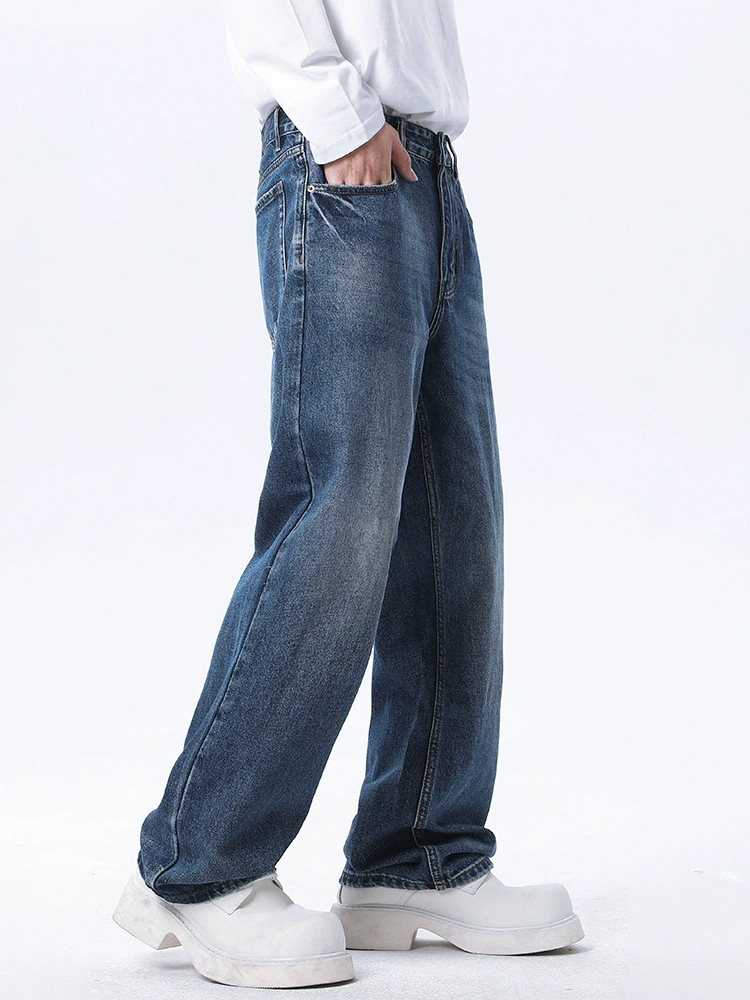 定制男士宽松阔腿牛仔裤，复古直筒设计，春秋休闲款式，多口袋实用功能