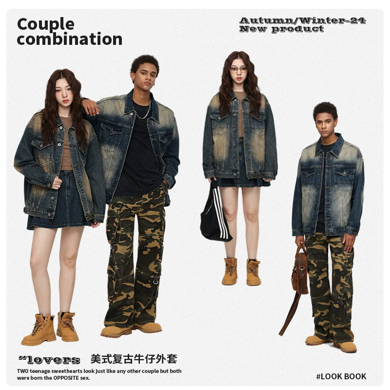 厂家直销青年男士宽松复古牛仔外套，春秋季高街潮牌，经典翻领设计，口袋装饰 стиль。