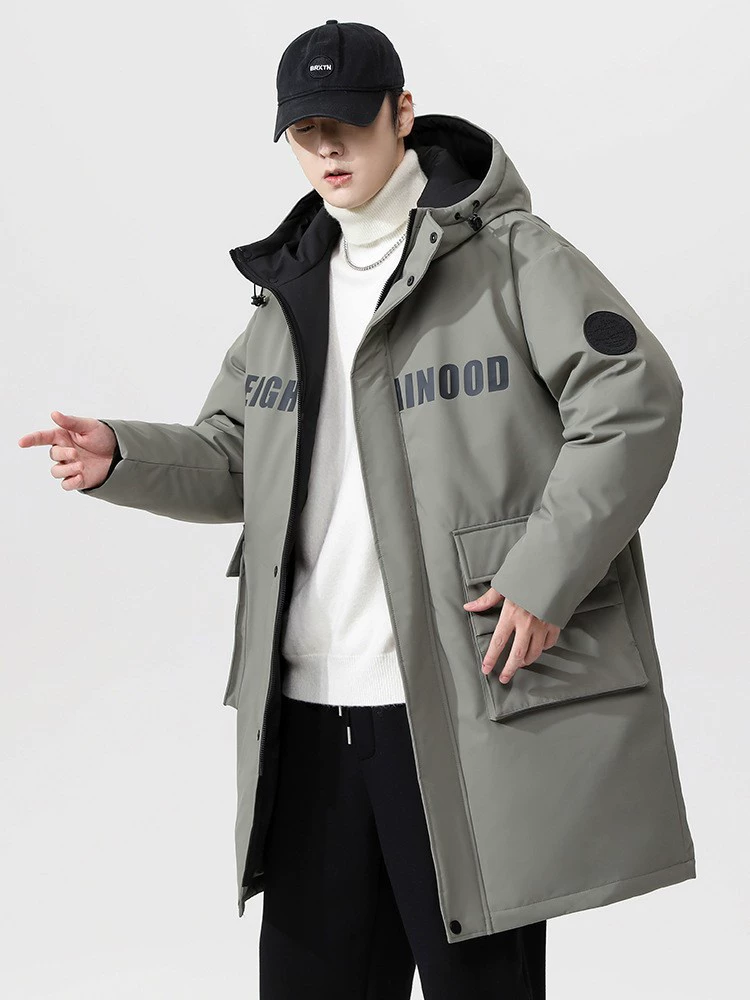 厂家直销青年男士加厚保暖立领黑色连帽羽绒外套，冬季休闲风格，多口袋设计