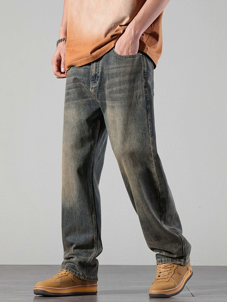 厂家直销男士宽松水洗做旧牛仔裤，复古风格直筒长裤，夏季休闲款，多口袋设计