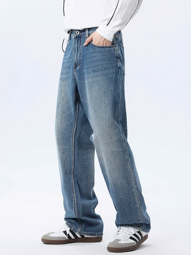 厂家直销男士复古水洗宽松牛仔裤，简约直筒设计，秋季休闲长裤，百搭潮流风格