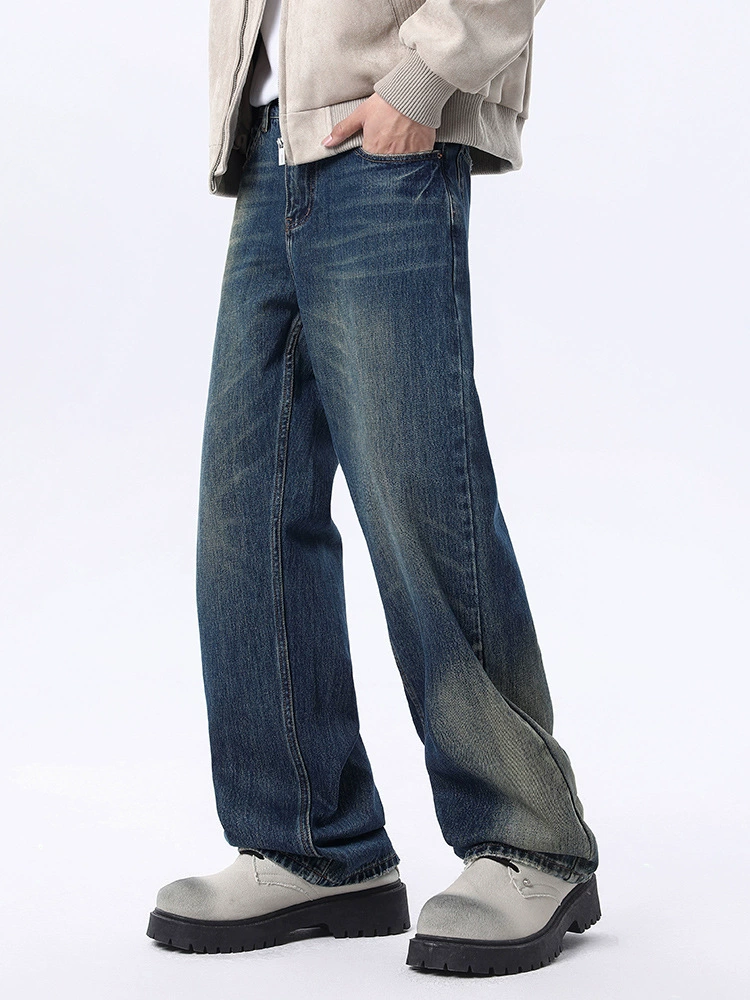 厂家直销男士高品质水洗复古牛仔裤宽松直筒长裤，春秋休闲，纽扣装饰设计