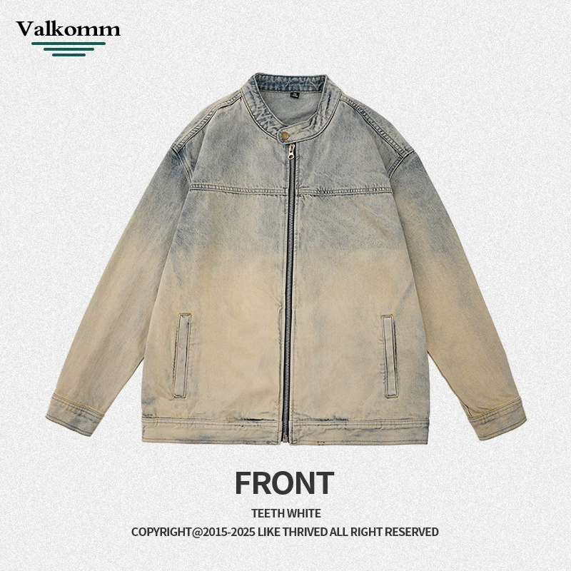 厂家直销男士美式复古宽松牛仔外套，春秋休闲款，耐磨防风设计，拉链开合多口袋