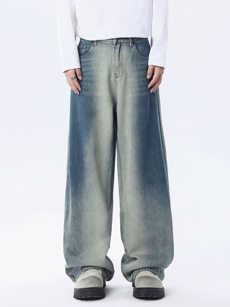 厂家直销男士宽松水洗渐变牛仔裤，秋冬时尚直筒阔腿裤，适合日常休闲，青春潮流风格