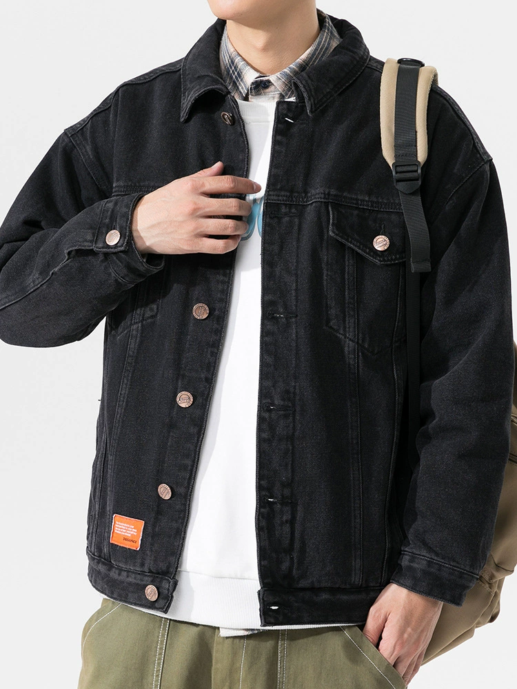 厂家直销男士加厚保暖黑色牛仔外套，宽松版型，冬季休闲，绒面水洗设计