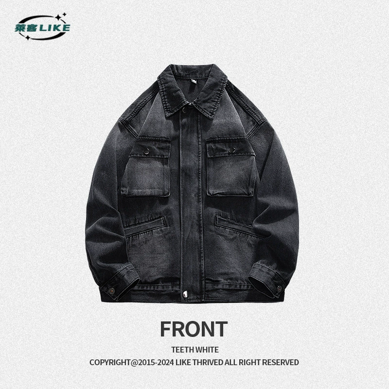 厂家直销男士宽松牛仔外套，多口袋设计，牛仔夹克，春秋季，免烫处理