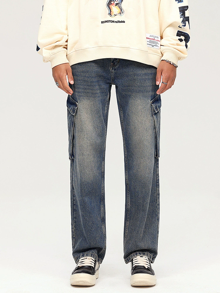 Men's Vintage Loose Fit Stone Washed Denim Jeans with Multi Pocket Design for Spring and Autumn Casual Style