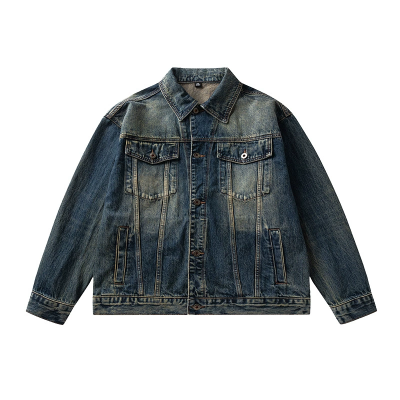 厂家直销男士宽松牛仔外套，复古水洗翻领夹克，适合春秋季日常穿搭，多口袋设计