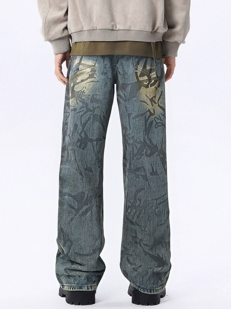 厂家直销男士宽松涂鸦水洗牛仔裤，秋季高街风格直筒长裤，休闲必备，时尚复古款