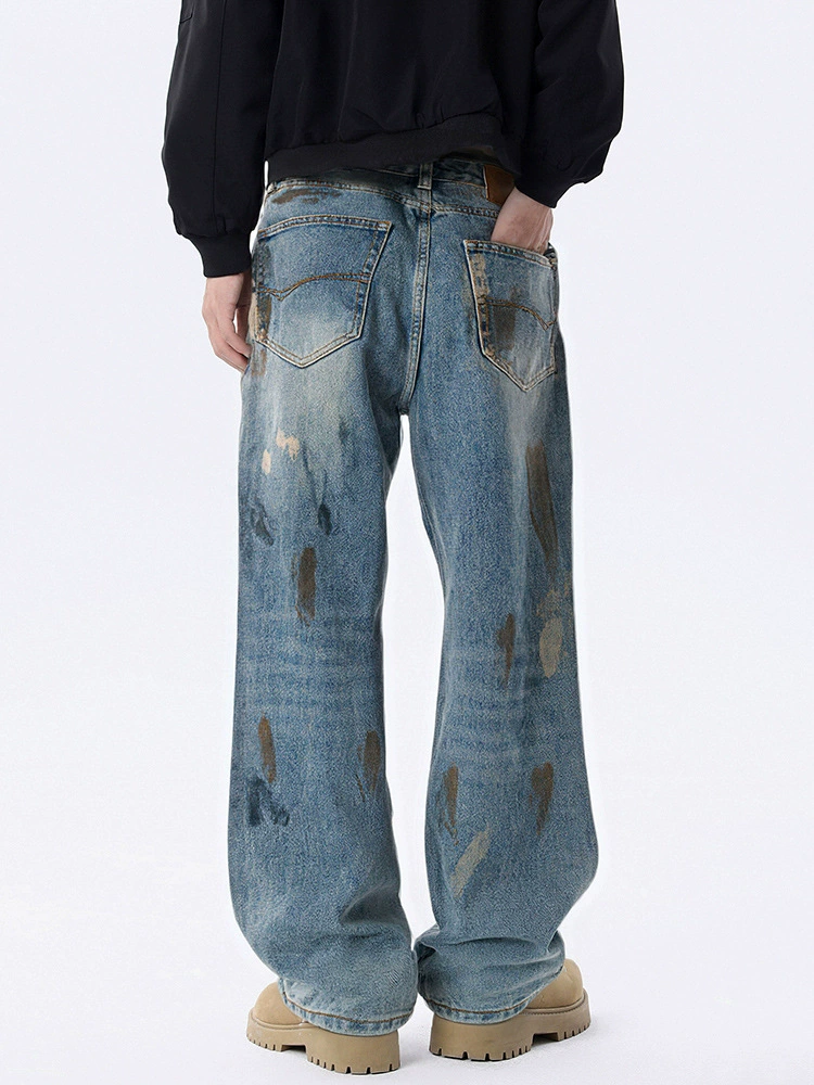 厂家直销男士宽松手绘渐变牛仔裤，复古直筒，春秋休闲，水洗时尚设计