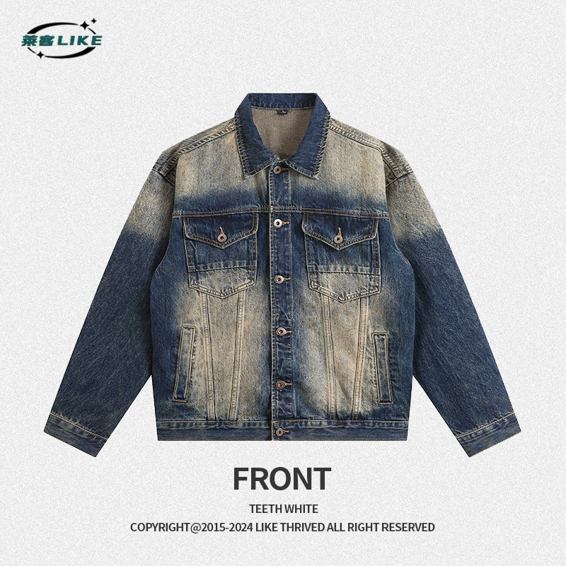 厂家直销青年男士宽松复古牛仔外套，春秋季高街潮牌，经典翻领设计，口袋装饰 стиль。