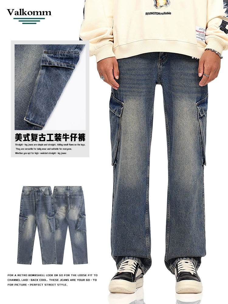 Pantalones vaqueros para hombre estilo vintage de lavado oscuro, rectos y holgados, ideales para primavera y otoño, 2025 tendencia, OEM y ODM disponibles.