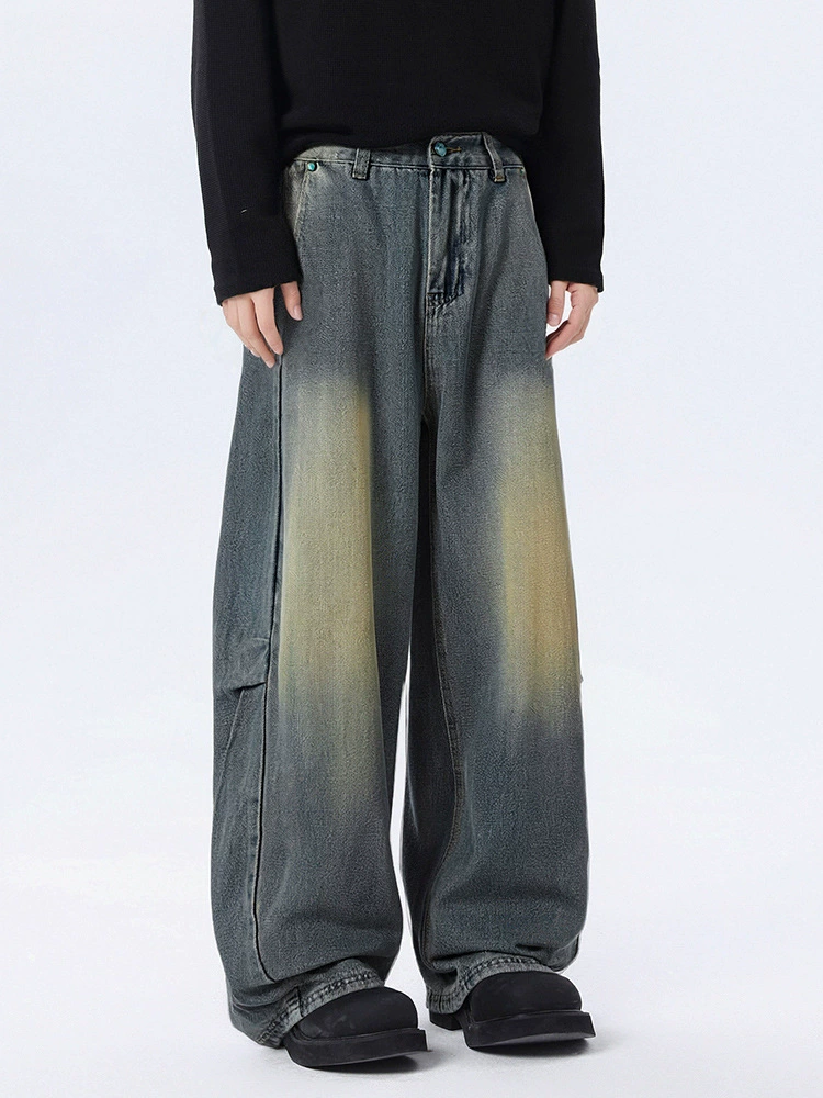 سراويل جينز فضفاض عصري مغسول باللون الأزرق الداكن من قماش القطن، تصميم مُريح لربيع وخريف، مع تفاصيل متعددة الجيوب