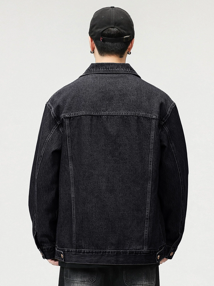 厂家直销男士宽松黑色牛仔外套，耐磨防撕裂，春秋日常，多口袋设计，日系复古风格