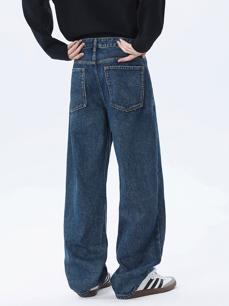厂家直销男士复古水洗宽腿牛仔裤，春秋休闲，微弹直筒长裤设计