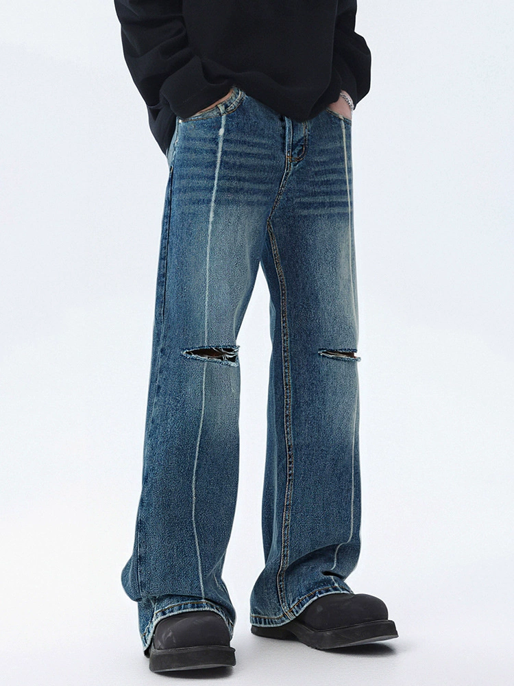 厂家直销青少年修身破洞水洗牛仔裤宽松阔腿长裤，春秋季休闲风格，百搭街潮设计