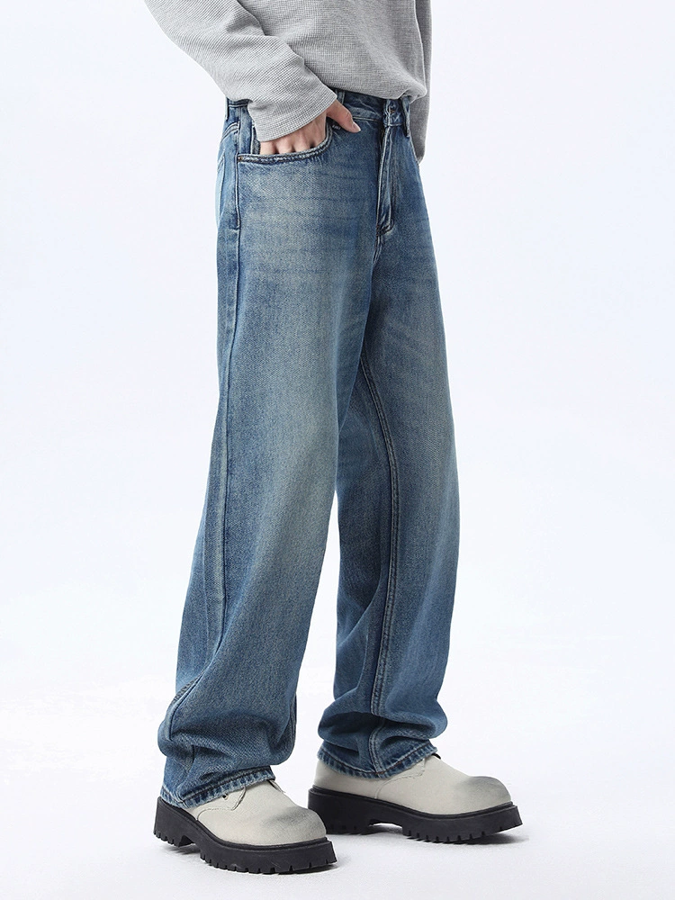 厂家直销男士复古做旧水洗牛仔裤，宽松直筒设计，春秋季日常休闲，高街时尚风格