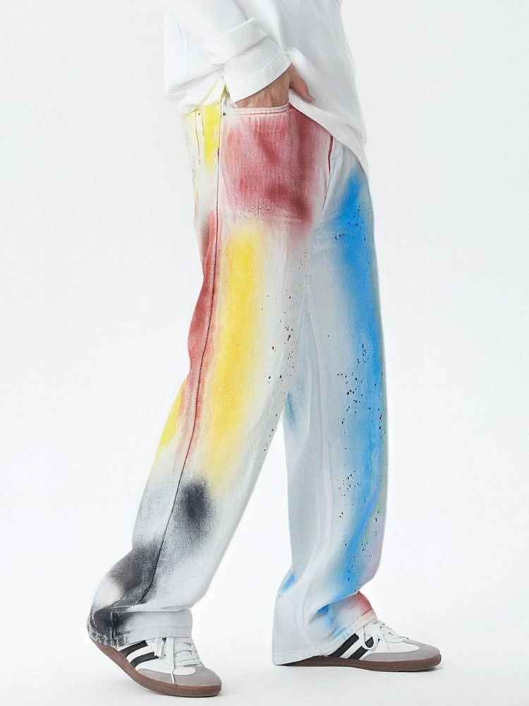 厂家直销男士宽松涂鸦牛仔裤，秋季休闲设计，直筒款式，多口袋时尚长裤