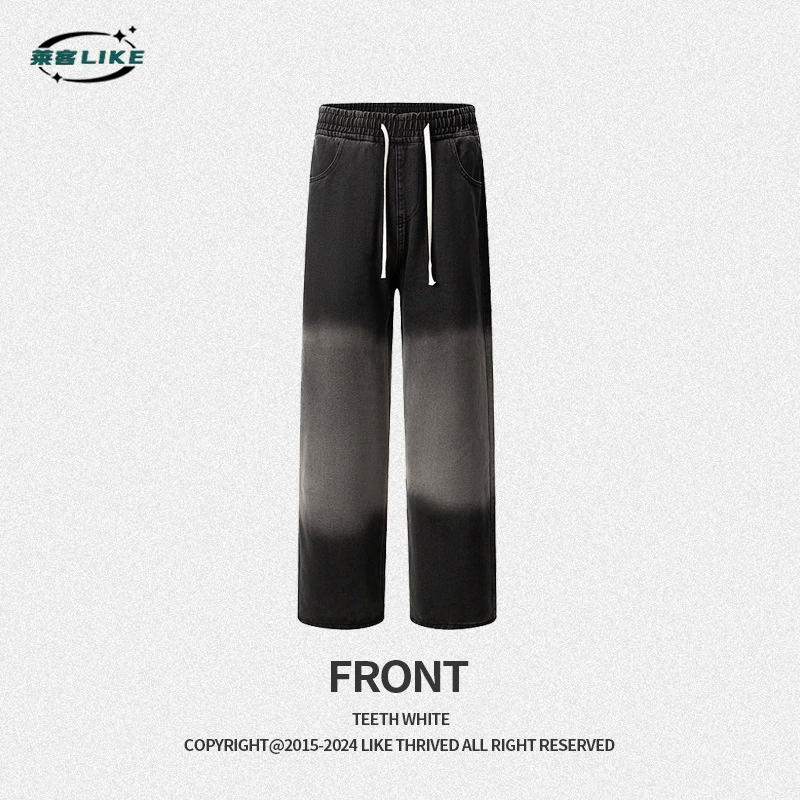 厂家直销男士宽松水洗直筒牛仔裤，春秋休闲风格，免烫处理撞色设计