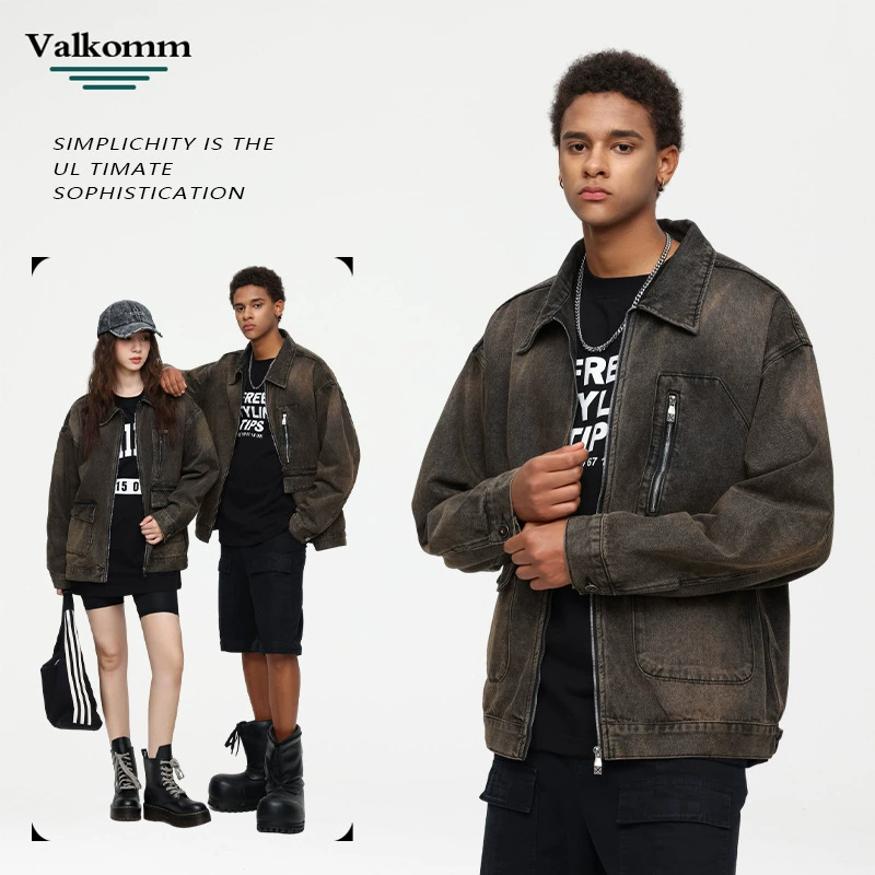 厂家直销男士宽松修身牛仔外套，春秋季美式复古风工装夹克，日常穿搭，免烫处理多口袋设计