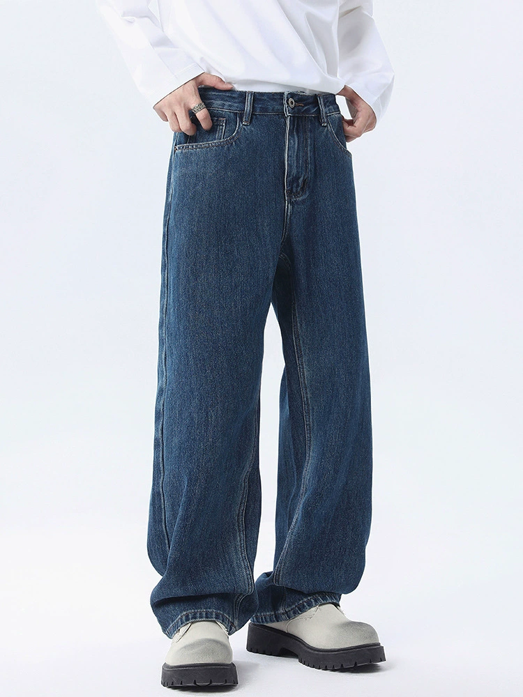 厂家直销男士宽松阔腿水洗做旧牛仔裤，初秋休闲风格，适合青少年穿着