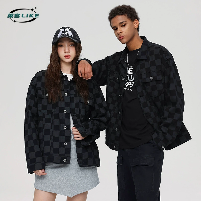 厂家直销青年男士宽松黑色格子牛仔外套，秋季日常穿搭，免烫处理多口袋设计