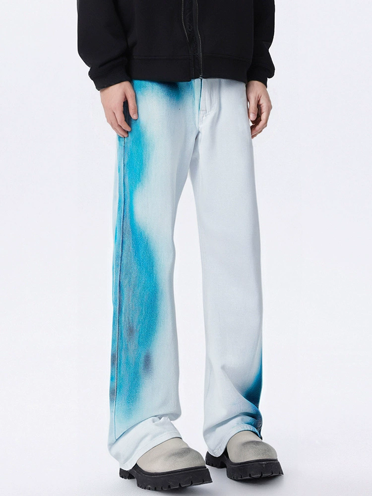 厂家直销男士宽松直筒牛仔裤，复古渐变喷绘设计，春秋休闲风格，多口袋长裤