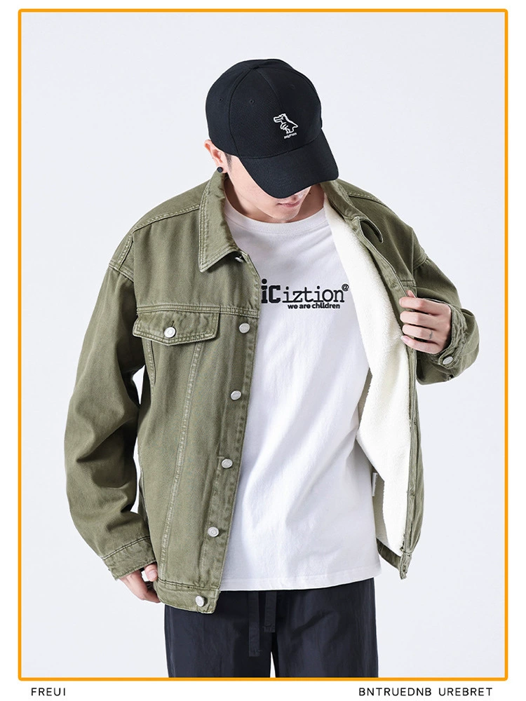 厂家直销男士宽松加绒牛仔外套，四季休闲风，美式复古染色夹克