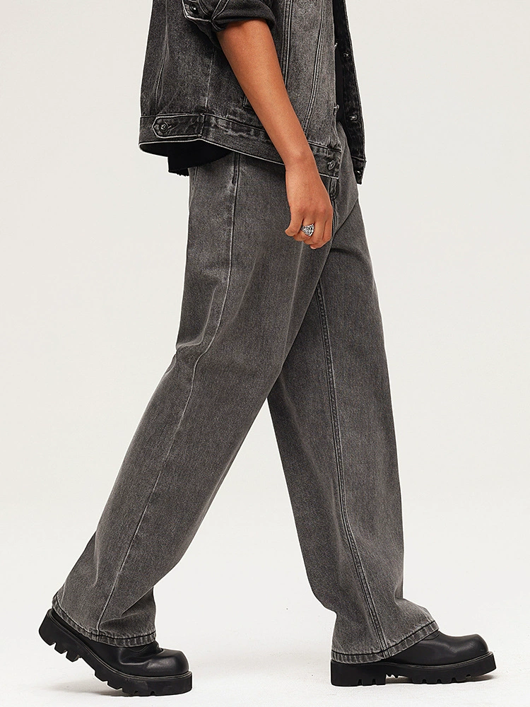 厂家直销男士宽松水洗牛仔裤，深灰色直筒长裤，休闲风格，适合四季日常穿着