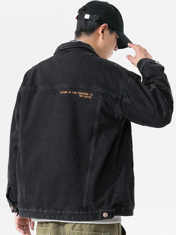 厂家直销男士加厚保暖黑色牛仔外套，宽松版型，冬季休闲，绒面水洗设计