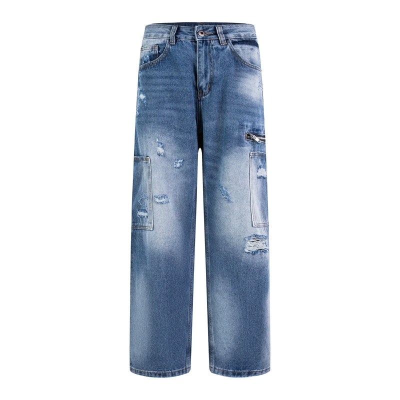 Мужские джинсы прямого кроя с потертостями и множеством карманов, ледяно-голубой деним, летние, повседневные, бренд Лайк.