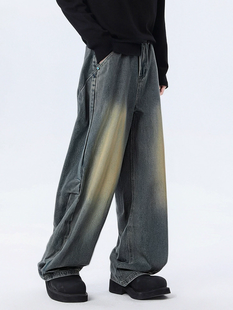 سراويل جينز فضفاض عصري مغسول باللون الأزرق الداكن من قماش القطن، تصميم مُريح لربيع وخريف، مع تفاصيل متعددة الجيوب