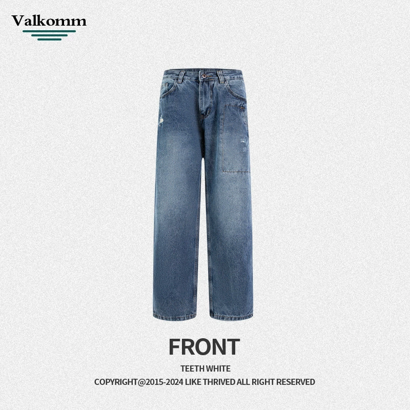 厂家直销男士高级感水洗破洞牛仔裤，宽松直筒，夏季休闲，多口袋设计