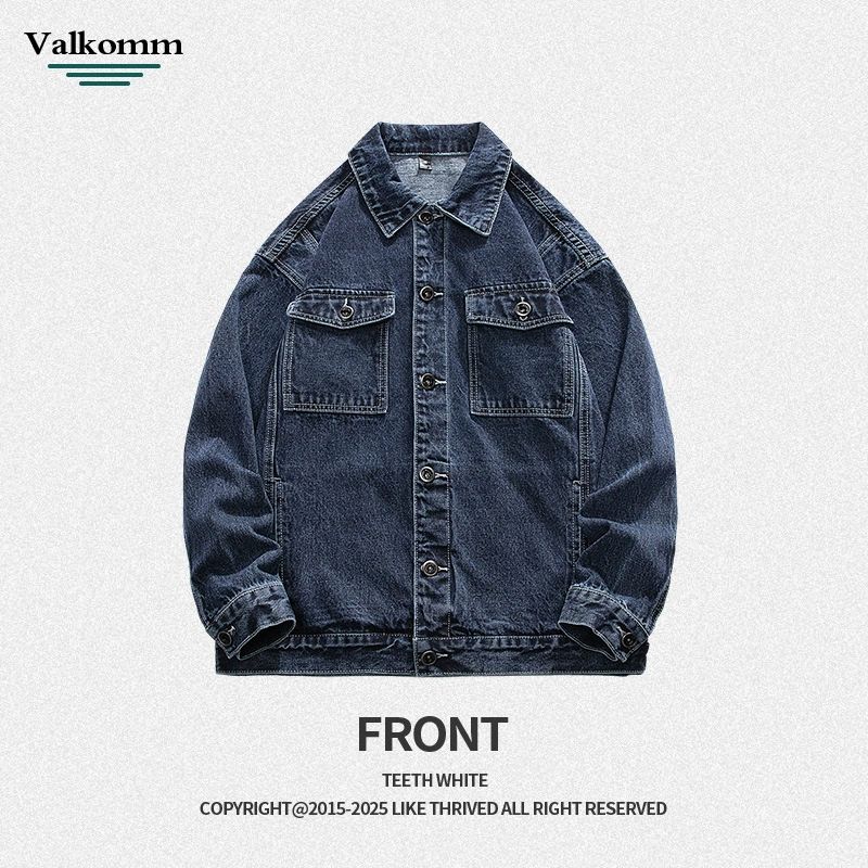 厂家直销男士牛仔外套，复古蓝色宽松版型，时尚都市风格，适合春秋季，耐磨防撕裂设计