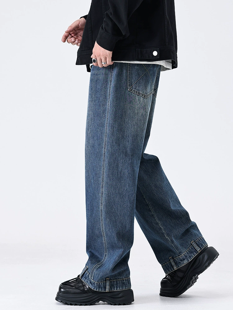 厂家直销男士宽松水洗牛仔裤，复古蓝色直筒设计，秋季高街休闲风格，适合青年穿着