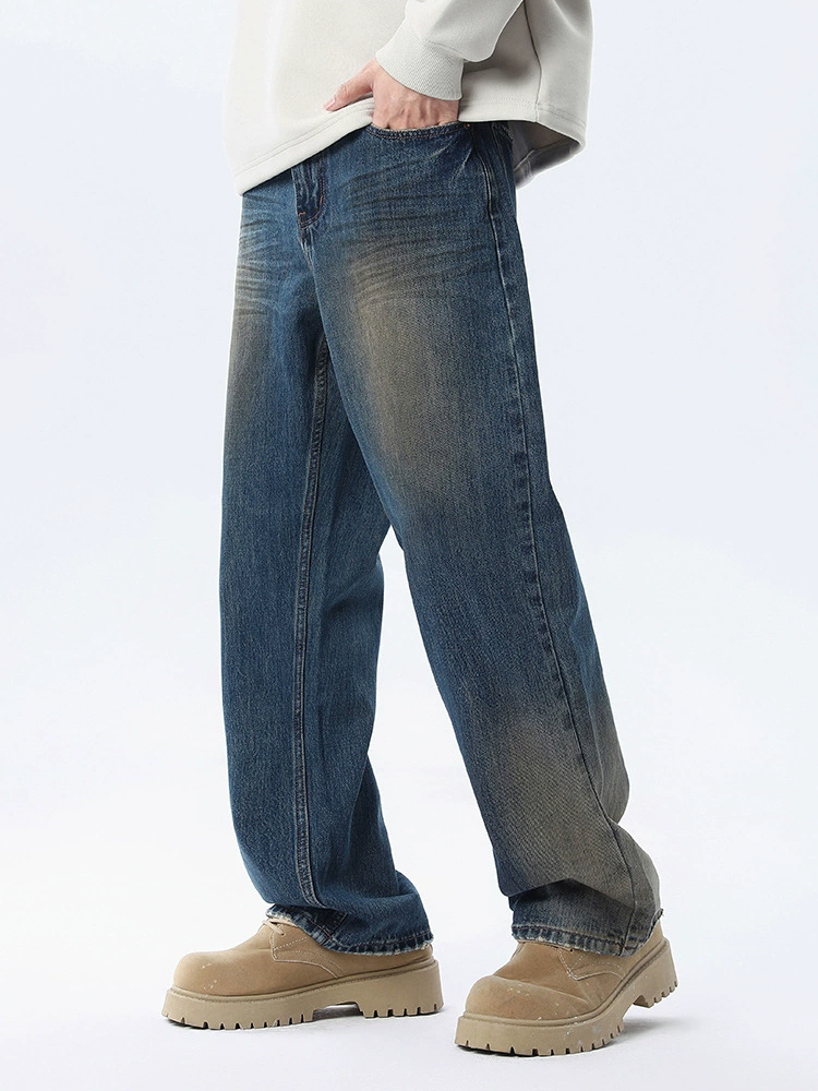 厂家直销男士复古水洗牛仔裤，宽松直筒微阔腿，适合春秋日常穿搭，百搭修身设计