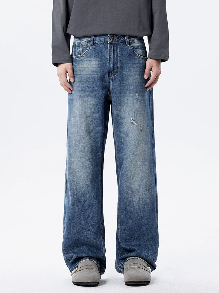厂家直销男士修身复古蓝色牛仔裤，高街潮流直筒长裤，春秋休闲，水洗磨破设计