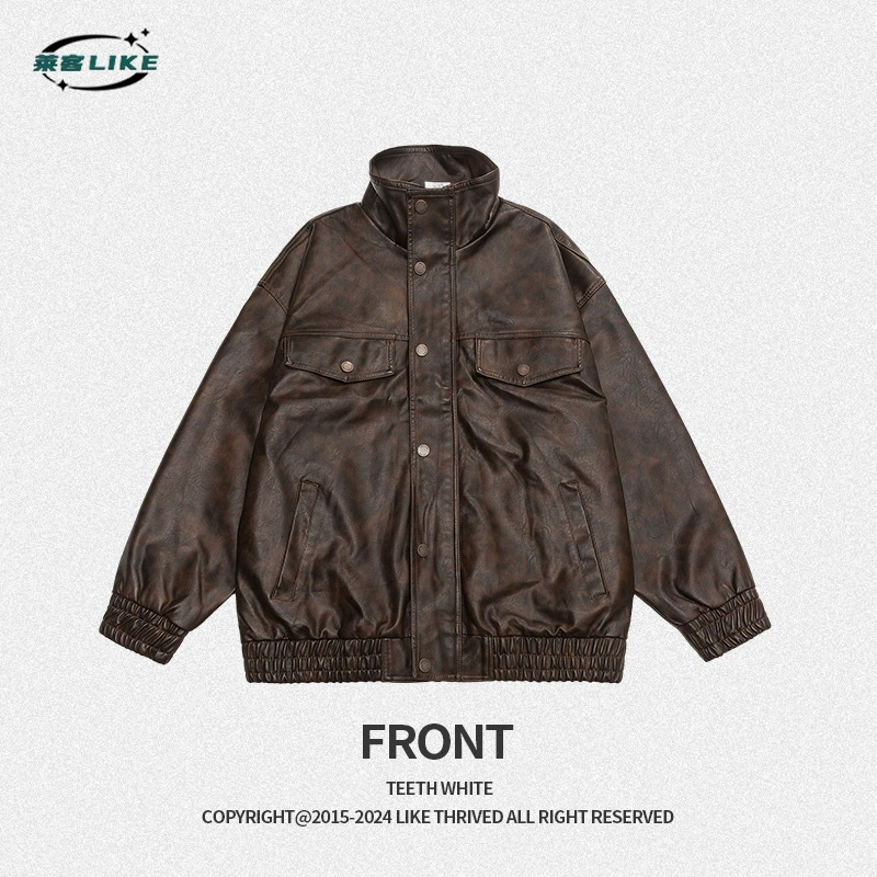 厂家直销青年男士宽松复古机车外套，春秋休闲款，多口袋防风防水设计牛仔外套