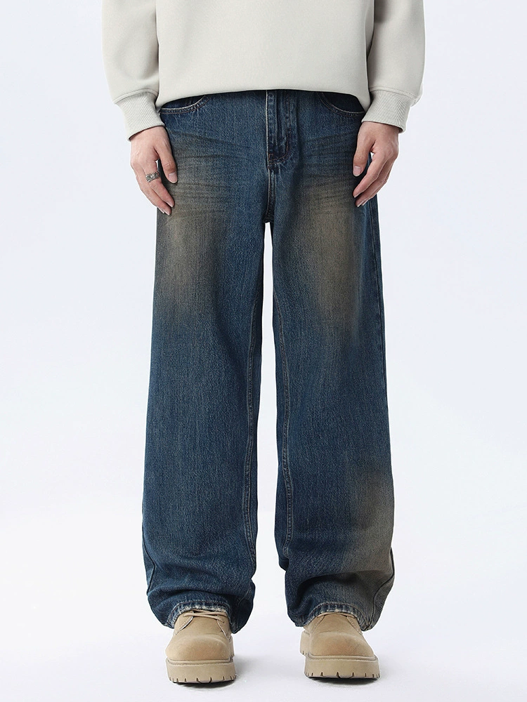 厂家直销男士复古水洗牛仔裤，宽松直筒微阔腿，适合春秋日常穿搭，百搭修身设计