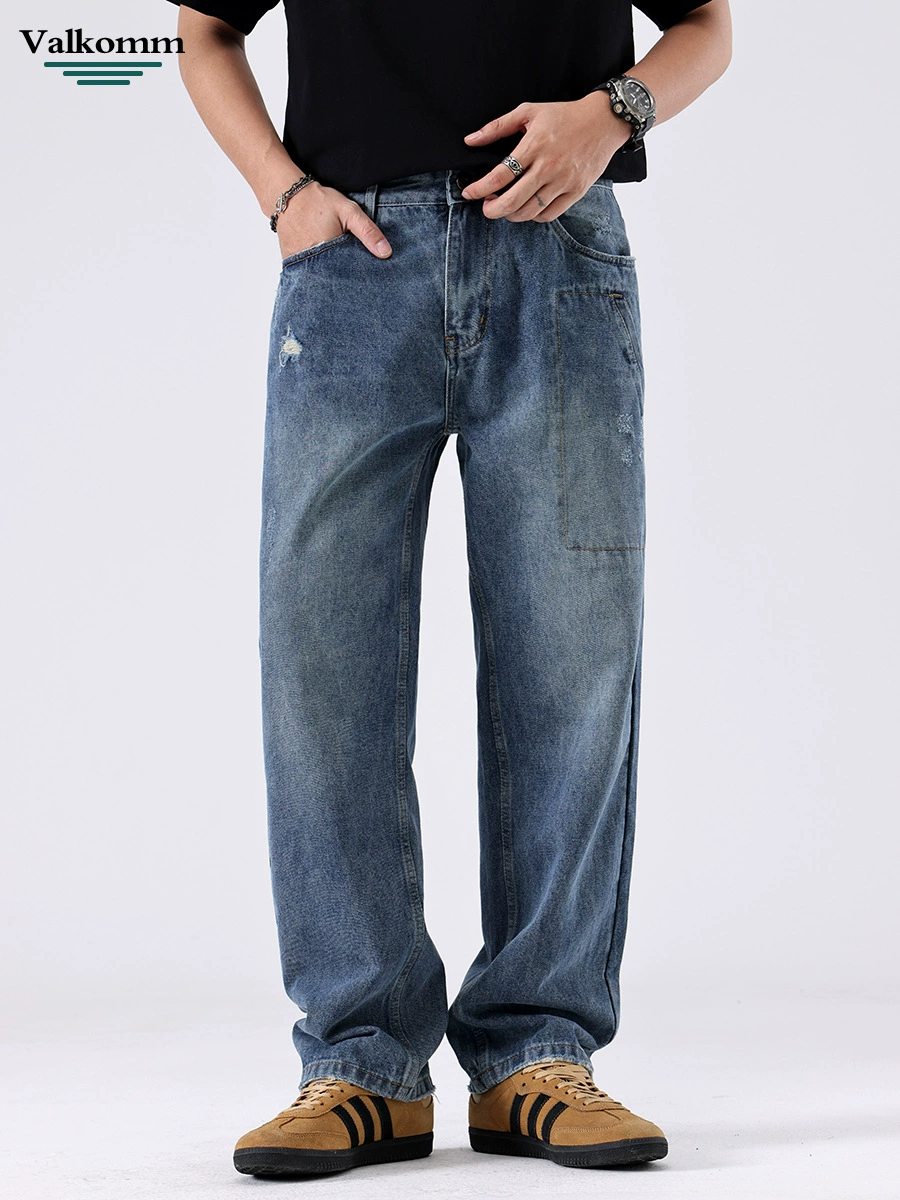 厂家直销男士高级感水洗破洞牛仔裤，宽松直筒，夏季休闲，多口袋设计