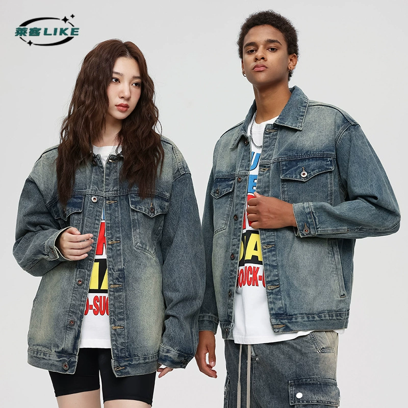 厂家直销男士宽松牛仔外套，复古美式风格，日常时尚夹克，春秋季，多口袋设计，免烫处理