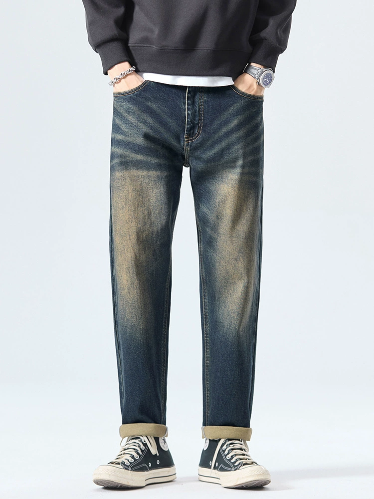 厂家直销男士修身弹力九分牛仔裤，复古风格，锥型设计，适合秋季休闲场合