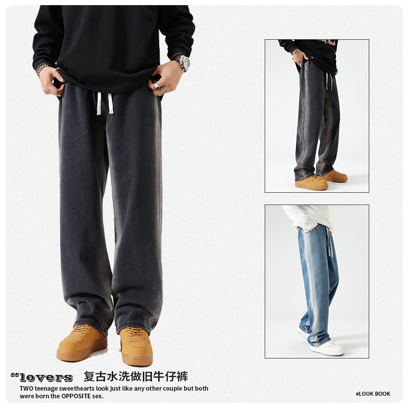 Calças jeans para homens wide leg lavagem vintage em algodão para uso diário pronta entrega