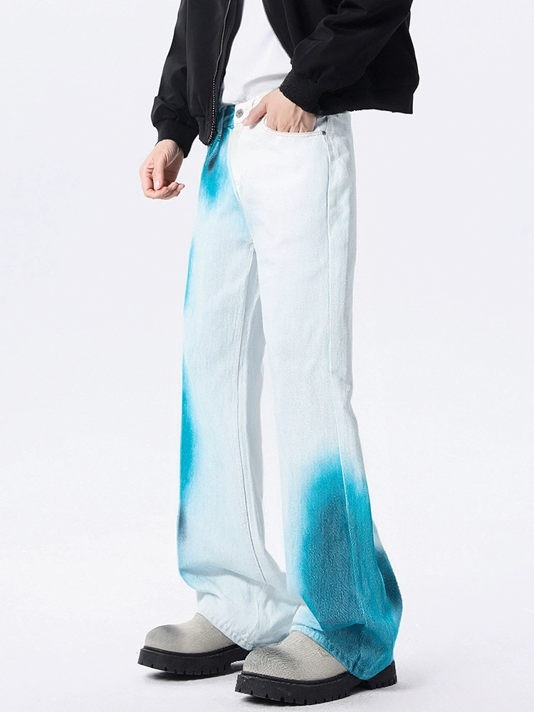 厂家直销男士宽松直筒牛仔裤，复古渐变喷绘设计，春秋休闲风格，多口袋长裤